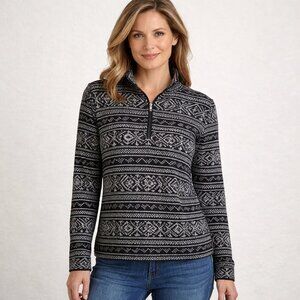 Ralph Lauren Womens Fair Isle Style Quarter Zip Waffle Knit Top L Black Cotton